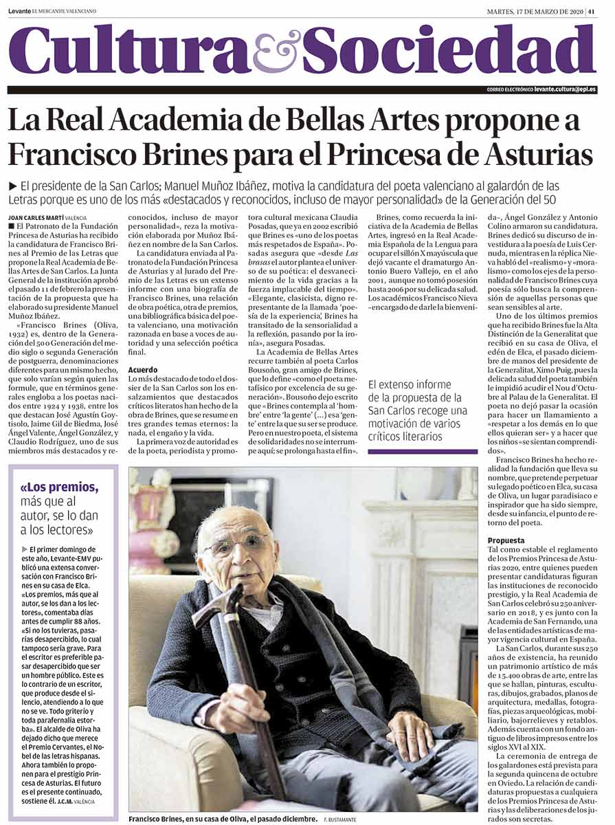 La Real Academia de Bellas Artes propone a Francisco Brines para el Princesa de Asturias