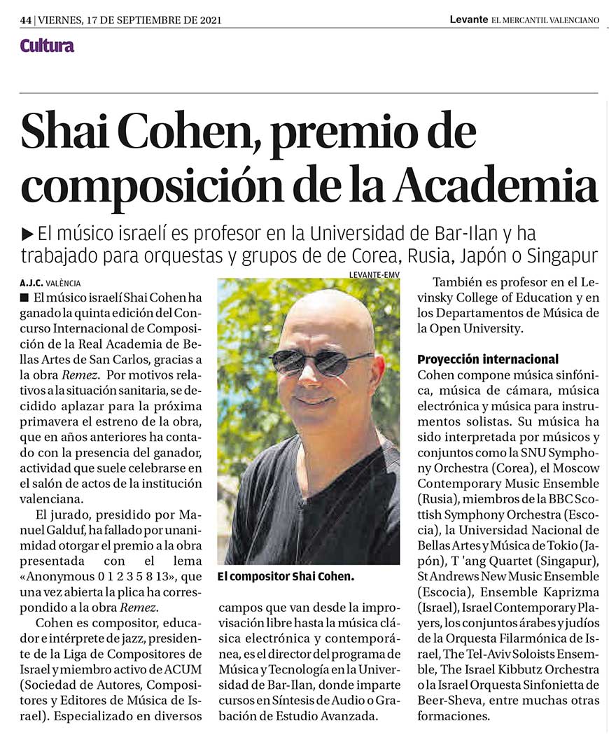Shai Cohen, premio de composición de la Academia