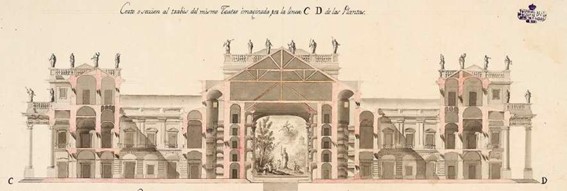 Detalle de la sección transversal del proyecto “Teatro cómico para una Ciudad Capital de Provincia” de la colección de dibujos de arquitectura de la Real Academia de Bellas Artes de San Carlos.