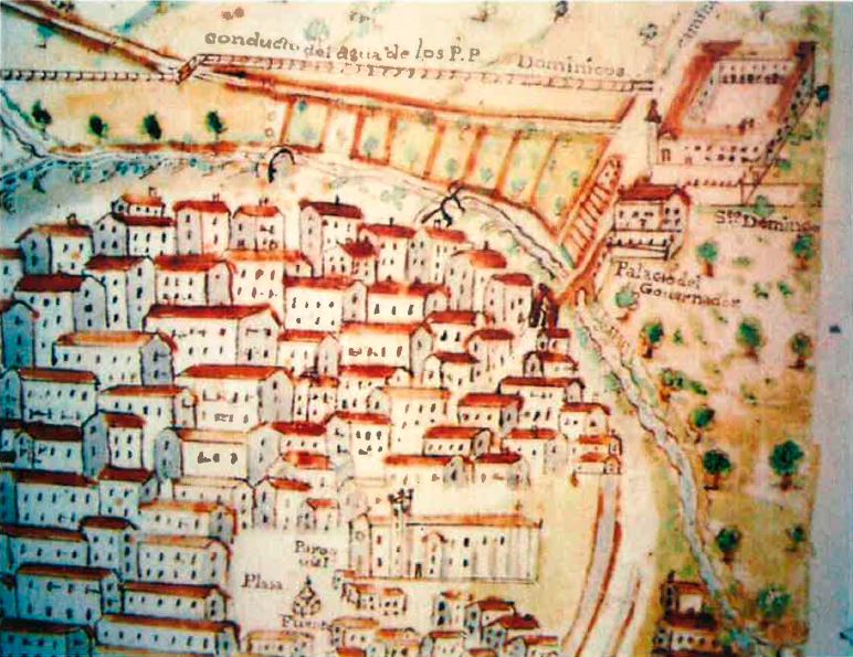 El plano de San Mateo de 1773 que custodian las monjas agustinas.JPG- Arriba,a la derecha, la Torre-Palacio Maestral de Montesa y del convento de Santo Domingo