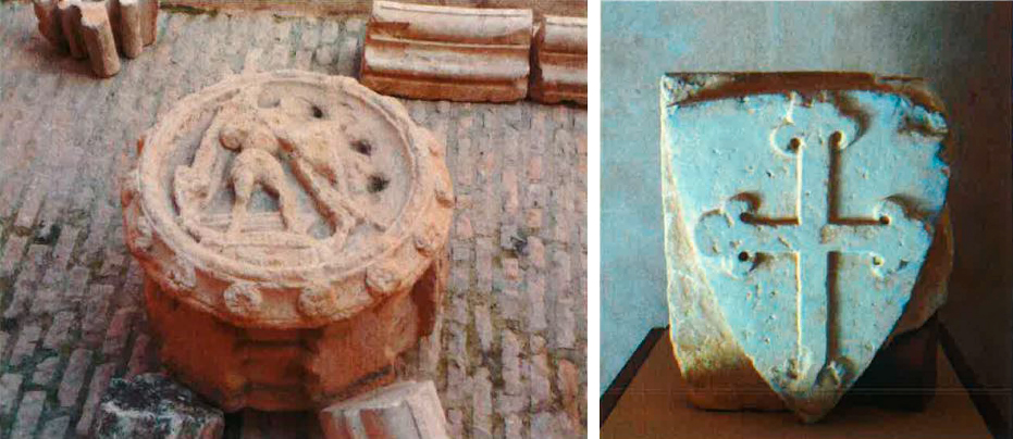 Clave de bóveda y escudo de Montesa provenientes de conjunto de la TorrePalacioMaestral de Montesa y del convento de Santo Domingo