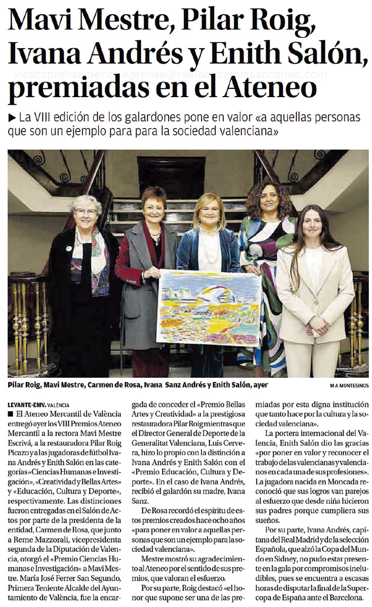 Mavi Mestre, Pilar Roig, Ivana Andrés y Enith Salón, premiadas en el Ateneo