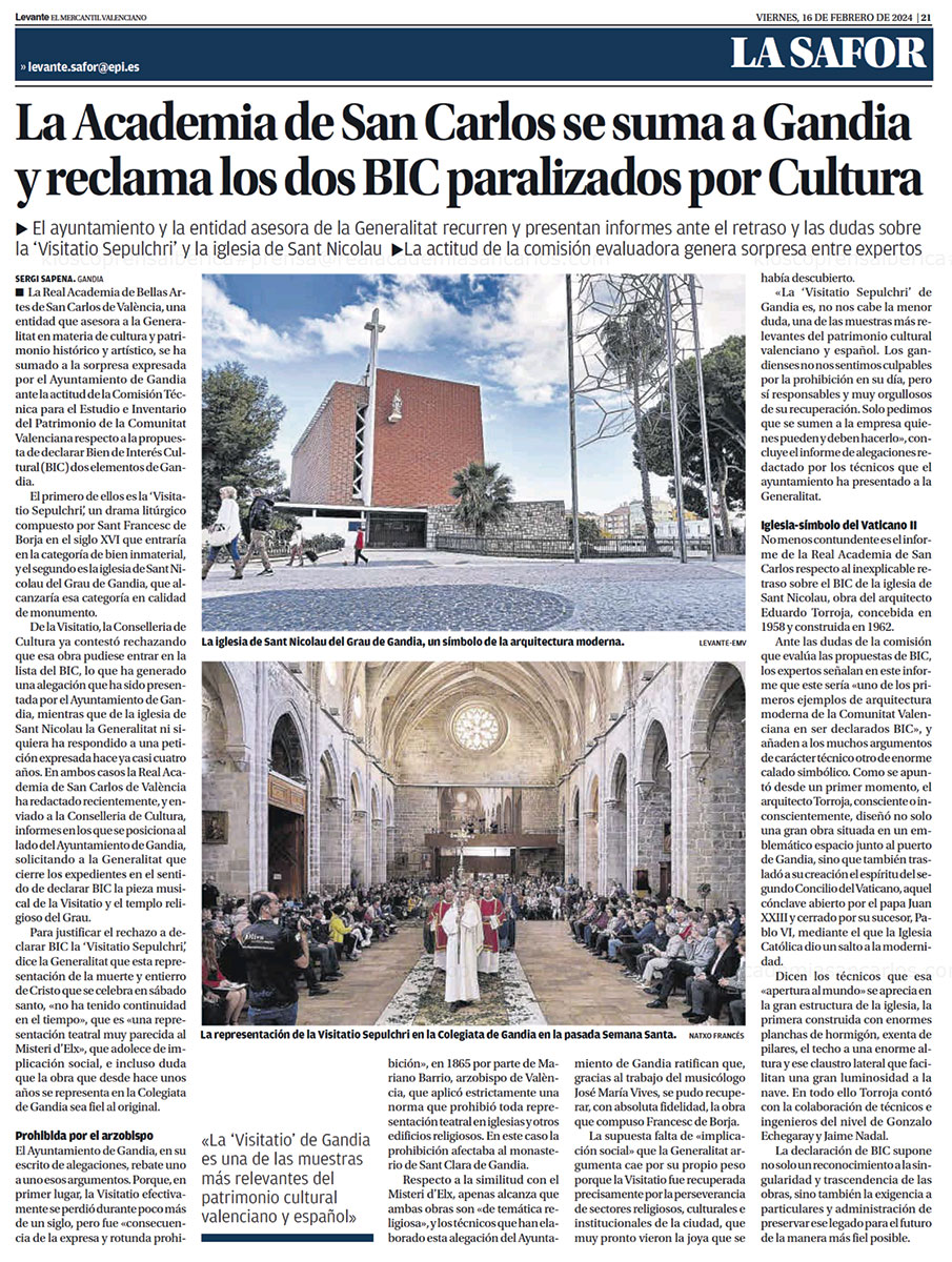 La Academia de San Carlos se suma a Gandia y reclama los dos BIC paralizados por Cultura