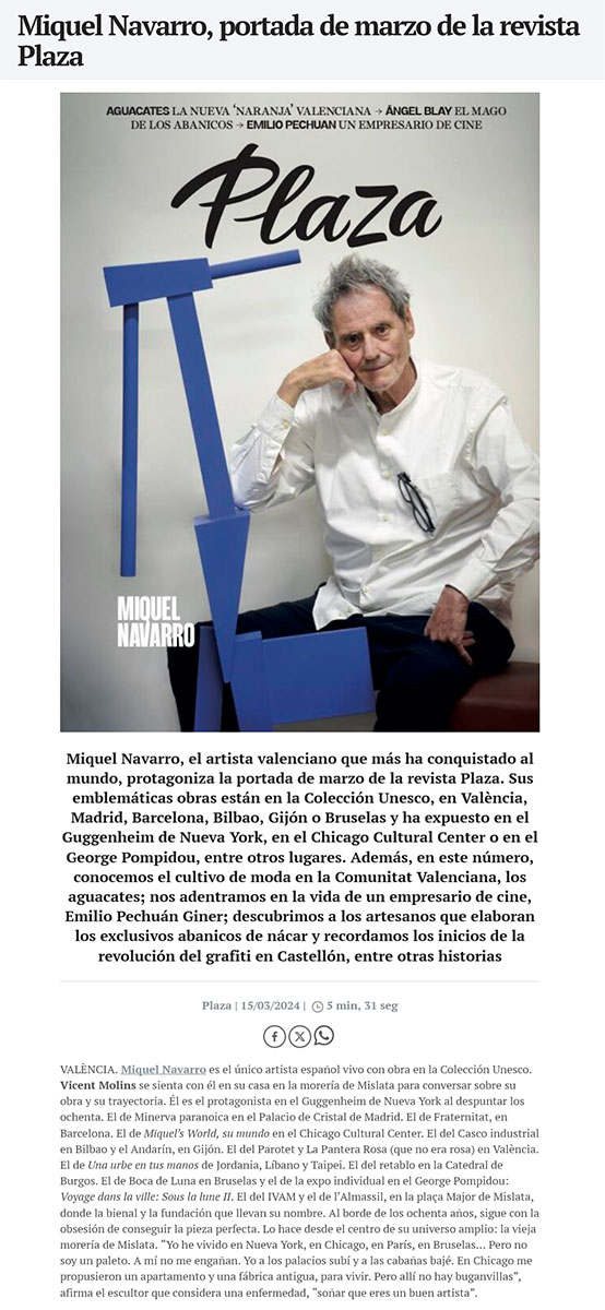 Miquel Navarro, portada de marzo de la revista Plaza