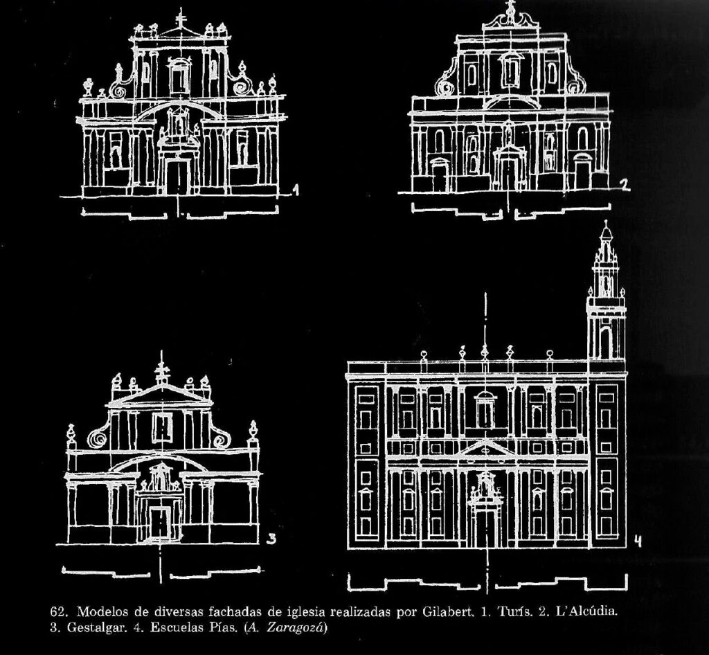 Modelos de diversas fachadas de iglesias realizadas por Gilabert. 1. Turís. 2. L&#039;Alcudia. 3. Gestalgar. 4. Escuelas Pías. Arturo Zaragozá